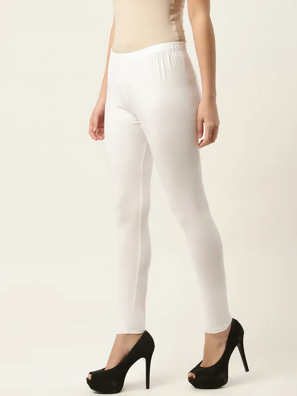 White_Viscose_Rayon_Elasticated_Waistband_Ankle_Length_Leggings_For_Women_&_Girls