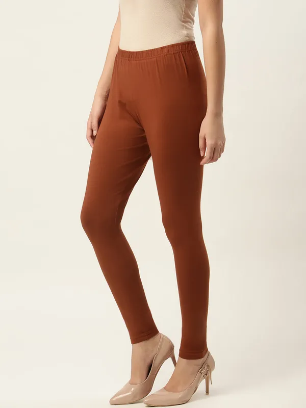 Brown_Viscose_Rayon_Elasticated_Waistband_Ankle_Length_Leggings_For_Women_&_Girls