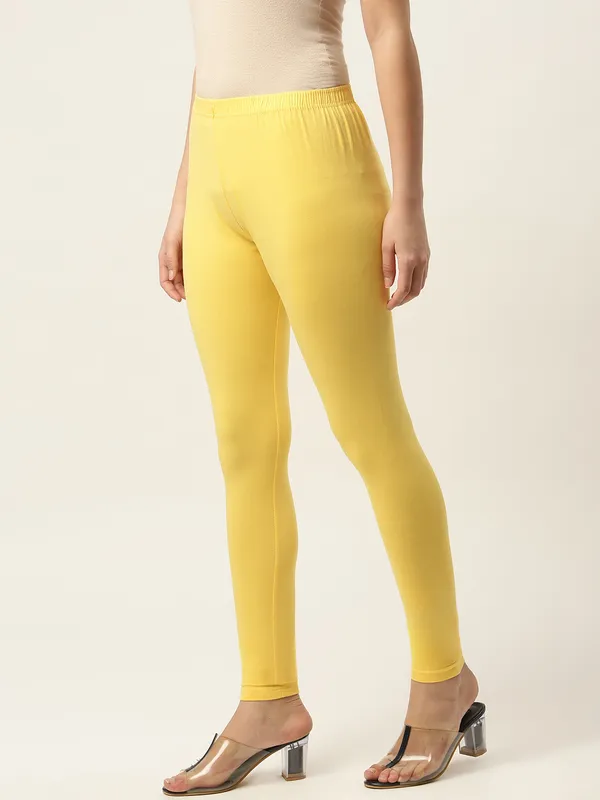 Yellow_Viscose_Rayon_Elasticated_Waistband_Ankle_Length_Leggings_For_Women_&_Girls