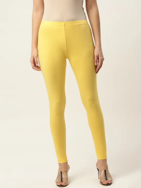 Yellow_Viscose_Rayon_Elasticated_Waistband_Ankle_Length_Leggings_For_Women_&_Girls