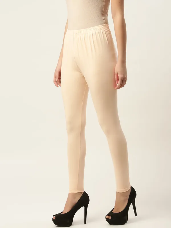 Cream_Viscose_Rayon_Elasticated_Waistband_Ankle_Length_Leggings_For_Women_&_Girls