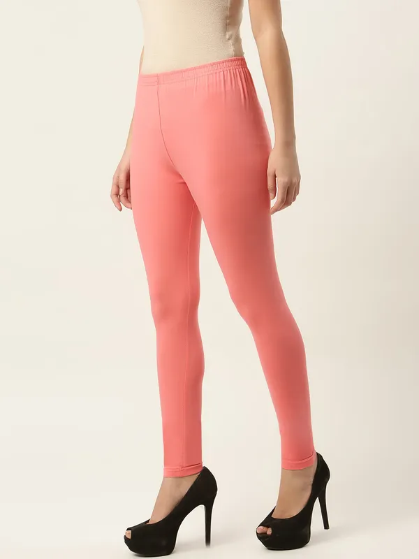 Peach_Viscose_Rayon_Elasticated_Waistband_Ankle_Length_Leggings_For_Women_&_Girls