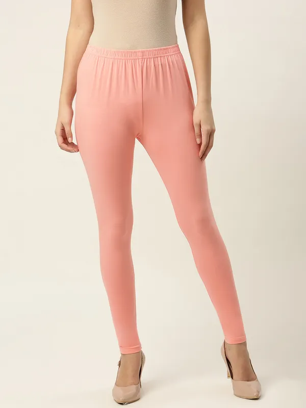 Light_Peach_Viscose_Rayon_Elasticated_Waistband_Ankle_Length_Leggings_For_Women_&_Girls