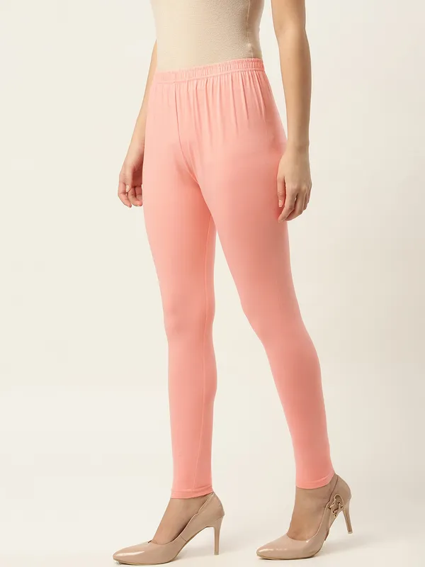 Light_Peach_Viscose_Rayon_Elasticated_Waistband_Ankle_Length_Leggings_For_Women_&_Girls