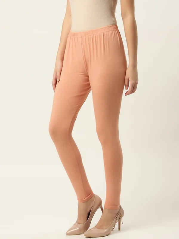 Apricot_Viscose_Rayon_Elasticated_Waistband_Ankle_Length_Leggings_For_Women_&_Girls