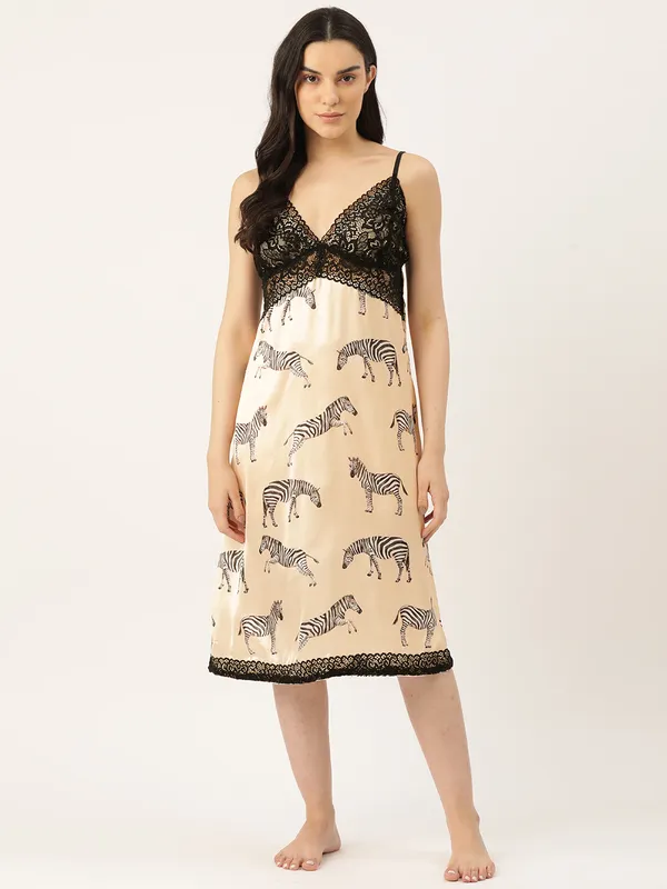 Cream_Icy_Silk_Satin_Nightwear/_Nighty_For_Women