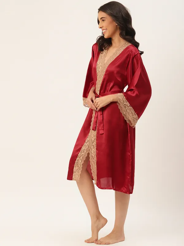 Maroon_Satin_Robe_With_Lace_For_Women