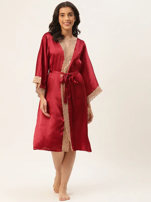 Maroon_Satin_Robe_With_Lace_For_Women