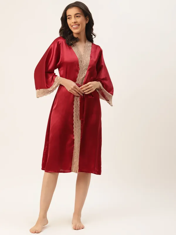 Maroon_Satin_Robe_With_Lace_For_Women