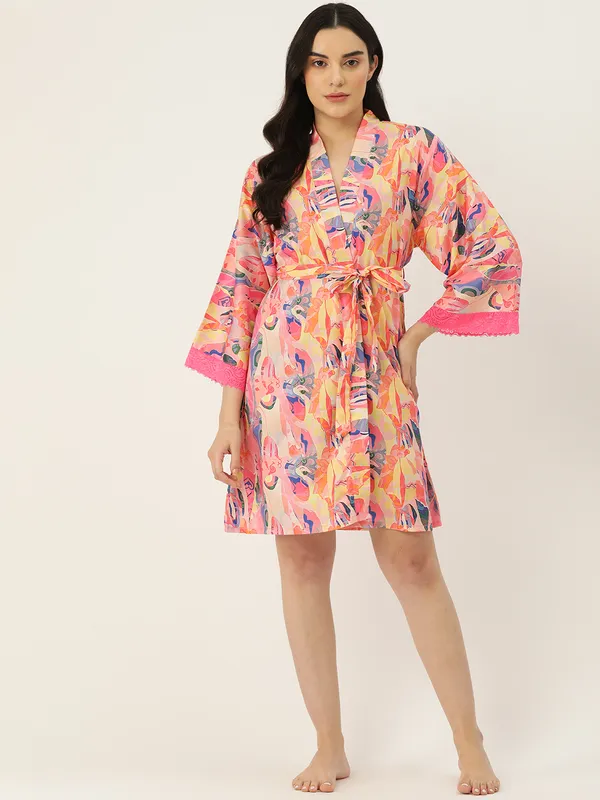 Peach_Printed_Peach_Robe_With_Lace_For_Women