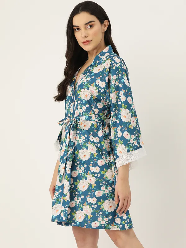 Blue_Floral_Printed_Robe_With_Lace_For_Women