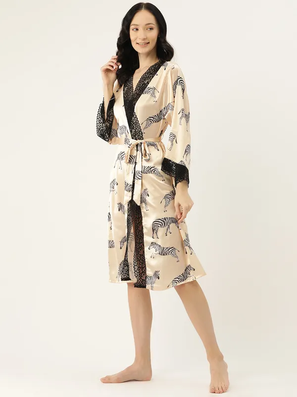 Beige_Printed_Satin_Robe_With_Lace_For_Women