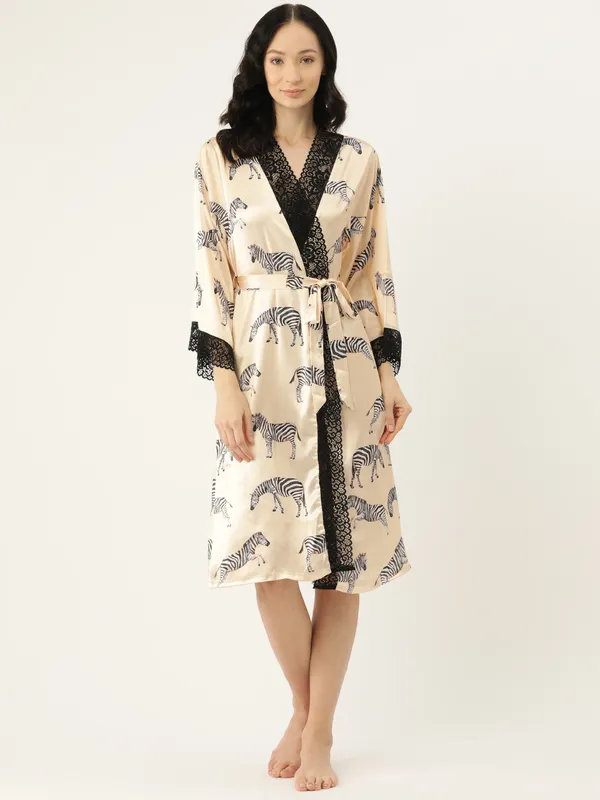Beige_Printed_Satin_Robe_With_Lace_For_Women