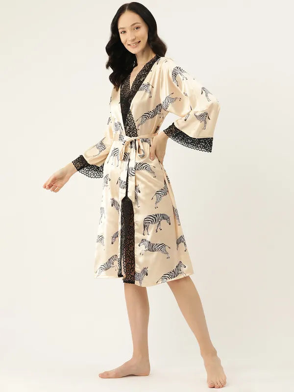 Beige_Printed_Satin_Robe_With_Lace_For_Women