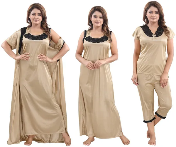 Gold_Satin_Solid_Regular_Fit_Nighty_Set_For_Women_(4_pcs)