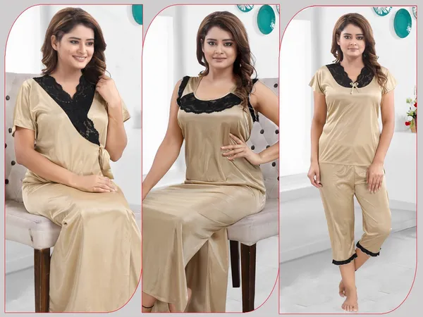 Gold_Satin_Solid_Regular_Fit_Nighty_Set_For_Women_(4_pcs)