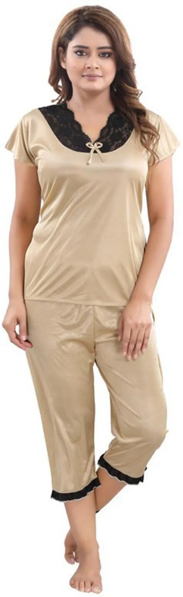 Gold_Satin_Solid_Regular_Fit_Nighty_Set_For_Women_(4_pcs)