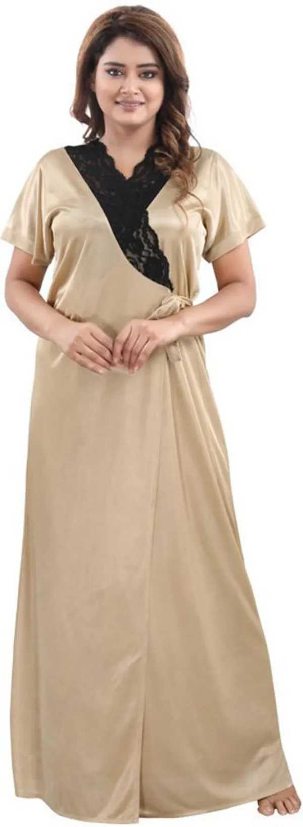 Gold_Satin_Solid_Regular_Fit_Nighty_Set_For_Women_(4_pcs)