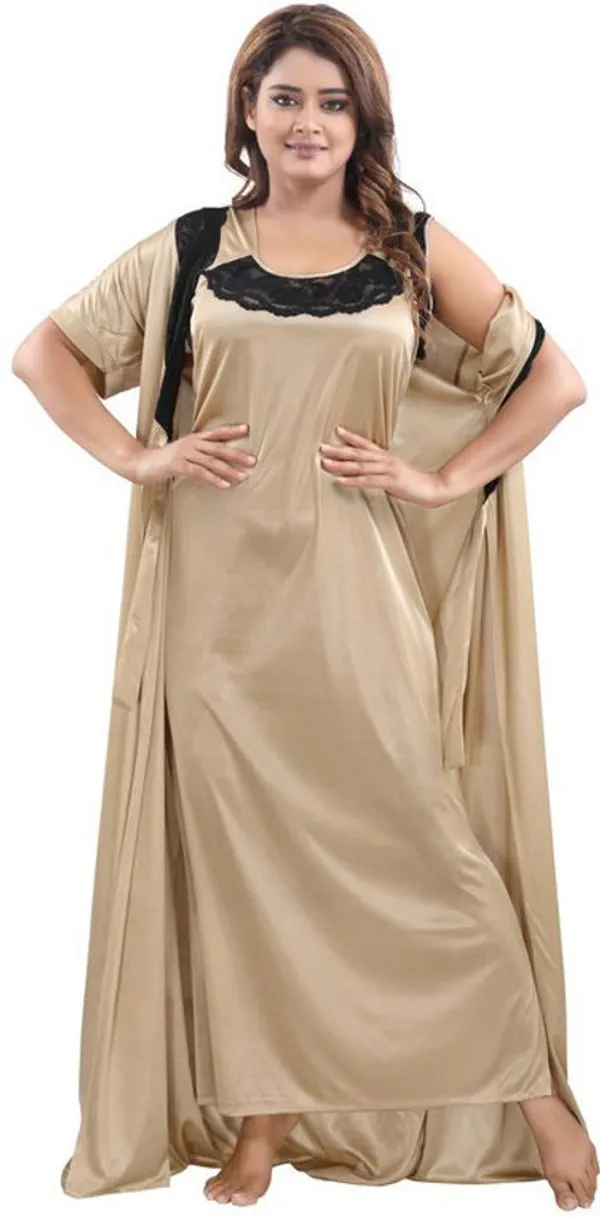 Gold_Satin_Solid_Regular_Fit_Nighty_Set_For_Women_(4_pcs)