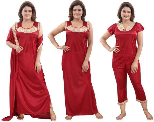 Maroon_Satin_Solid_Regular_Fit_Nighty_Set_For_Women_(4_pcs_)