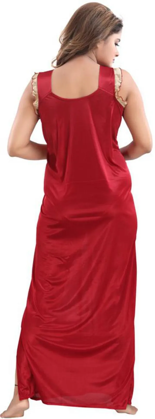Maroon_Satin_Solid_Regular_Fit_Nighty_Set_For_Women_(4_pcs_)