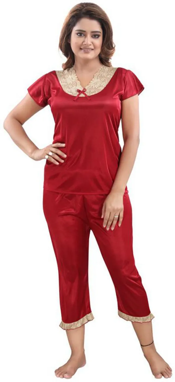 Maroon_Satin_Solid_Regular_Fit_Nighty_Set_For_Women_(4_pcs_)