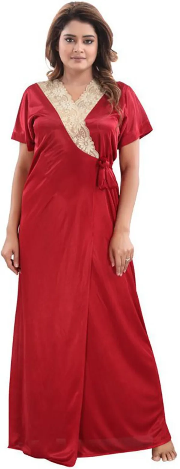 Maroon_Satin_Solid_Regular_Fit_Nighty_Set_For_Women_(4_pcs_)
