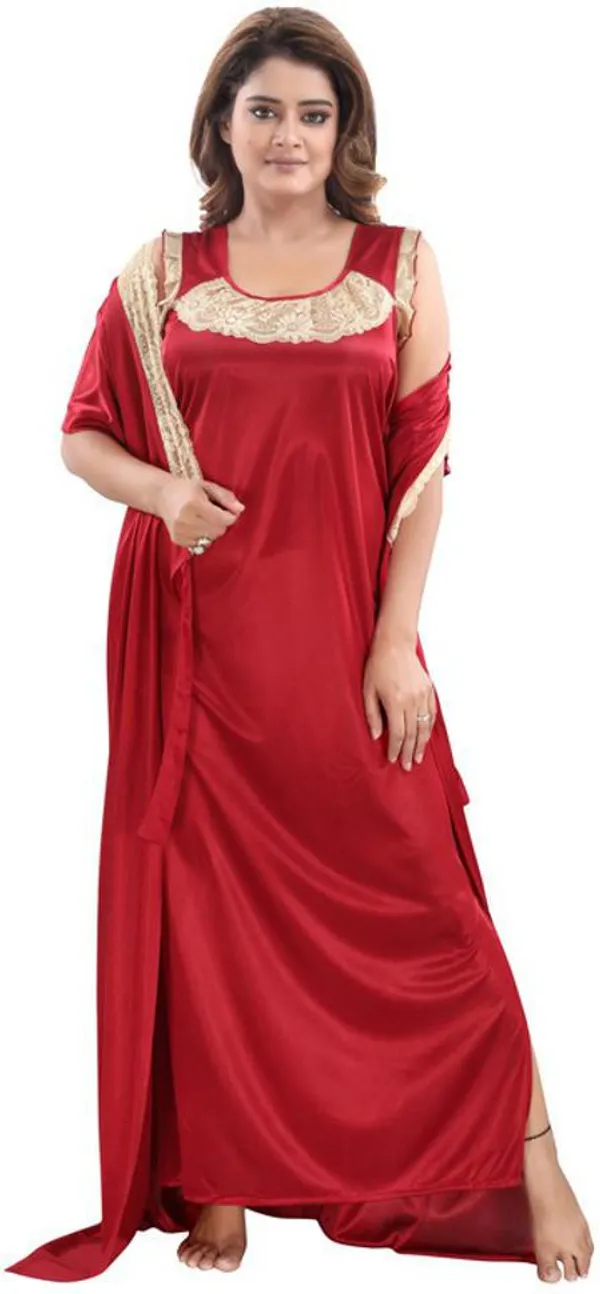 Maroon_Satin_Solid_Regular_Fit_Nighty_Set_For_Women_(4_pcs_)