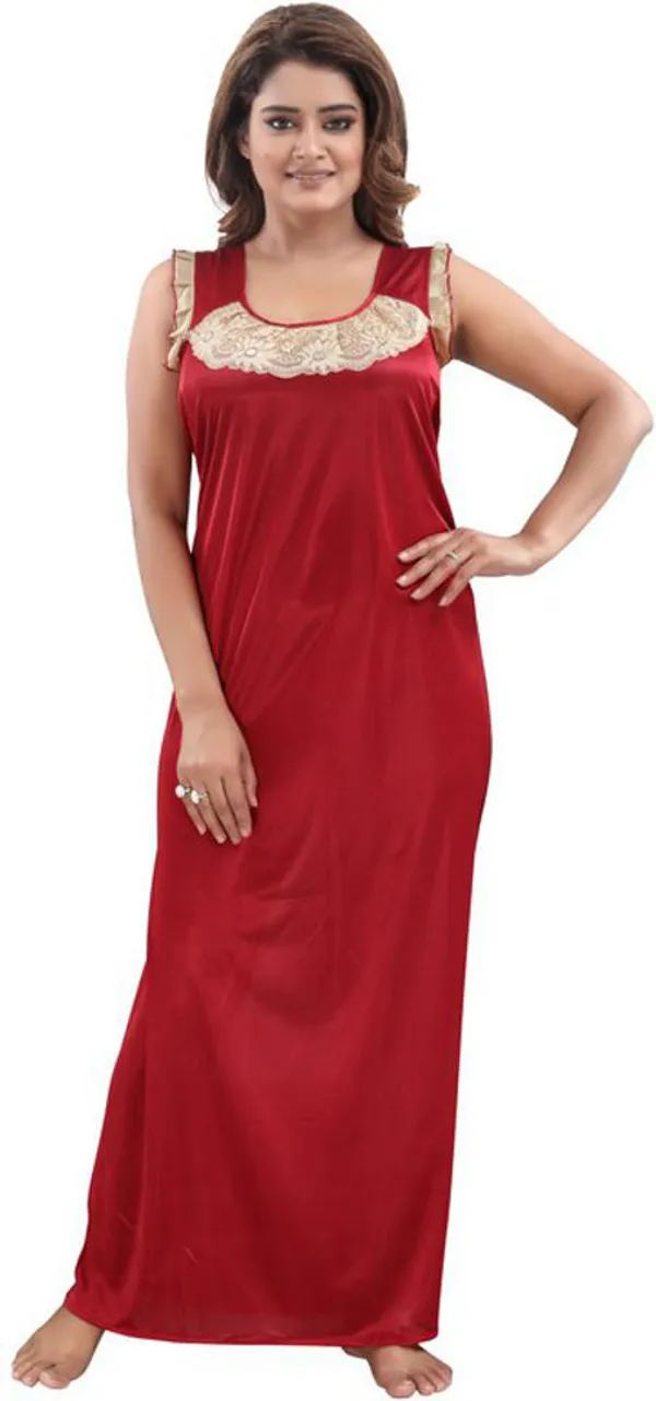 Maroon_Satin_Solid_Regular_Fit_Nighty_Set_For_Women_(4_pcs_)