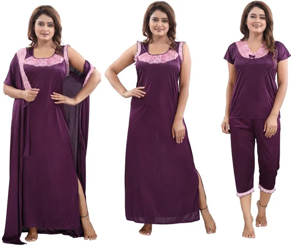 Purple_Satin_Solid_Regular_Fit_Nighty_Set_For_Women_(4_pcs)