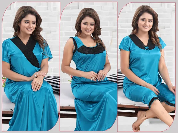 Light_Blue_Satin_Solid_Regular_Fit_Nighty_Set_For_Women_(4_pcs)