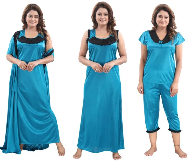 Light_Blue_Satin_Solid_Regular_Fit_Nighty_Set_For_Women_(4_pcs)
