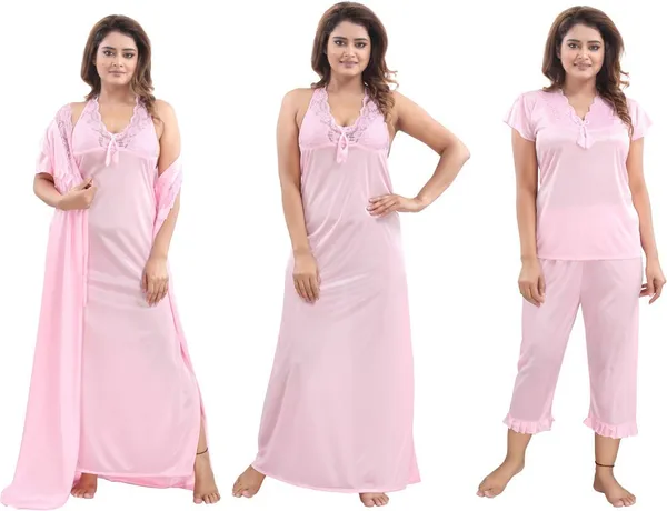 Pink_Satin_Solid_Regular_Fit_Nighty_Set_For_Women_(4_pcs)