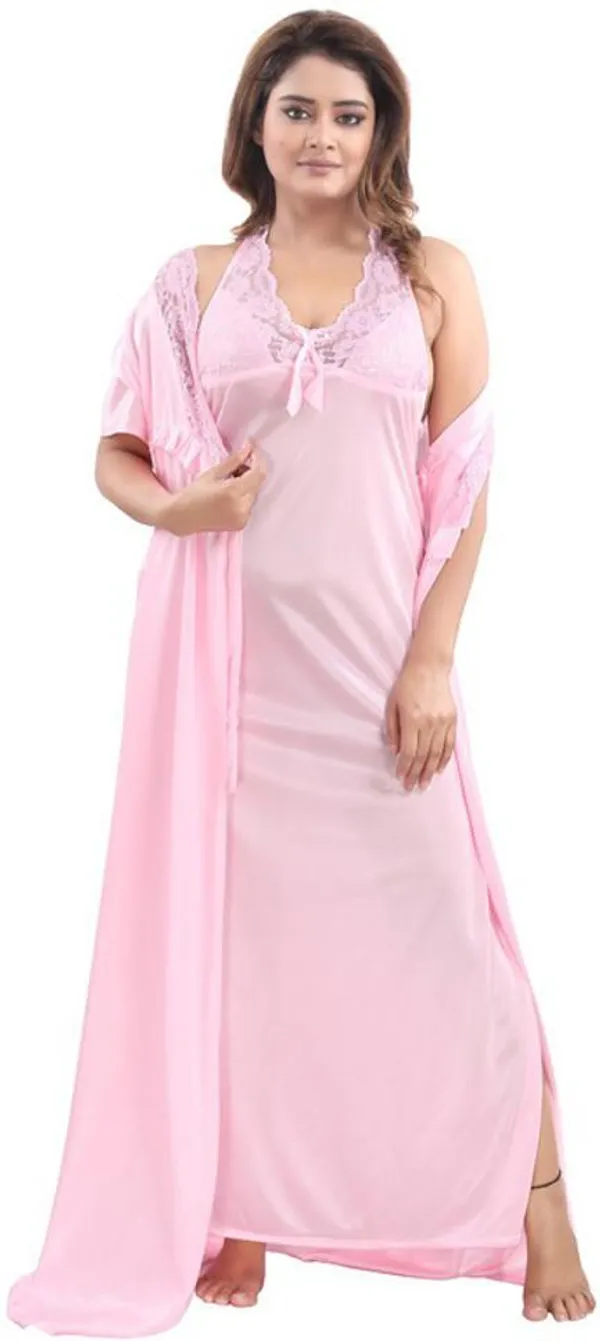 Pink_Satin_Solid_Regular_Fit_Nighty_Set_For_Women_(4_pcs)