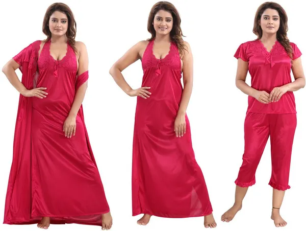 Pink_Satin_Solid_Regular_Fit_Nighty_Set_For_Women_(4_pcs)