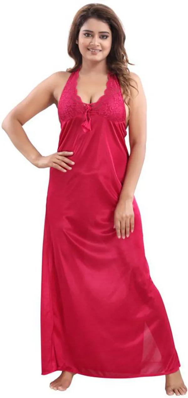 Pink_Satin_Solid_Regular_Fit_Nighty_Set_For_Women_(4_pcs)