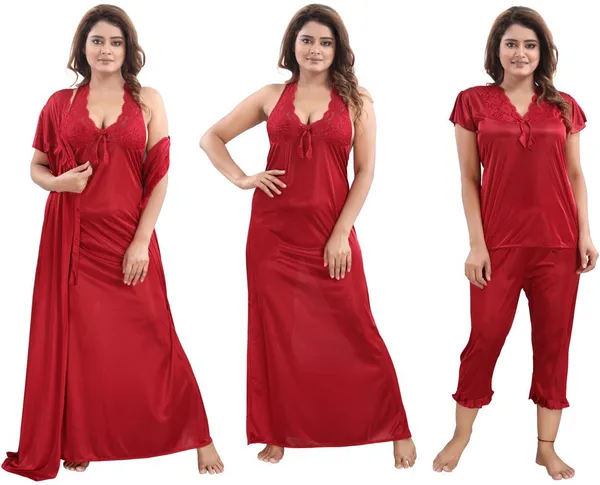 Maroon_Satin_Solid_Regular_Fit_Nighty_Set_For_Women_(4_pcs)