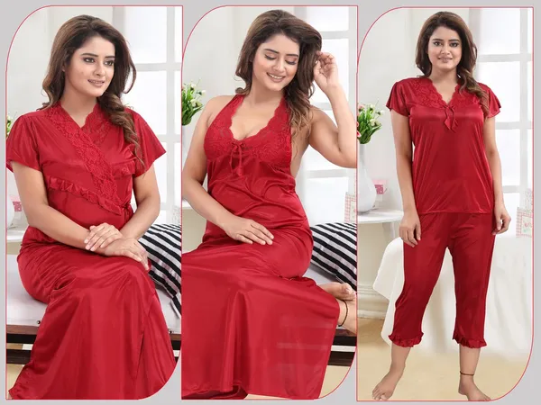 Maroon_Satin_Solid_Regular_Fit_Nighty_Set_For_Women_(4_pcs)