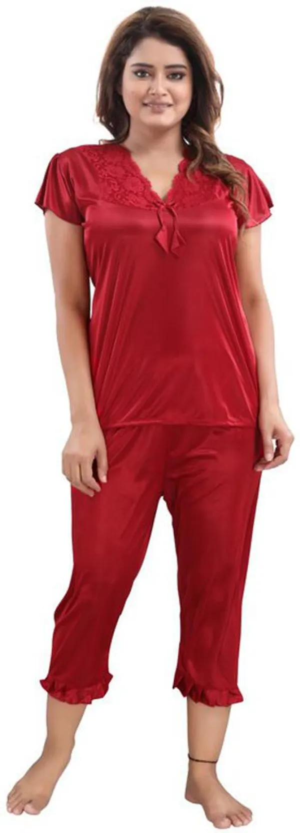 Maroon_Satin_Solid_Regular_Fit_Nighty_Set_For_Women_(4_pcs)