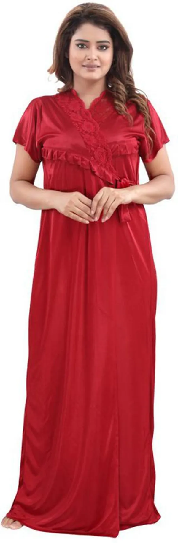 Maroon_Satin_Solid_Regular_Fit_Nighty_Set_For_Women_(4_pcs)