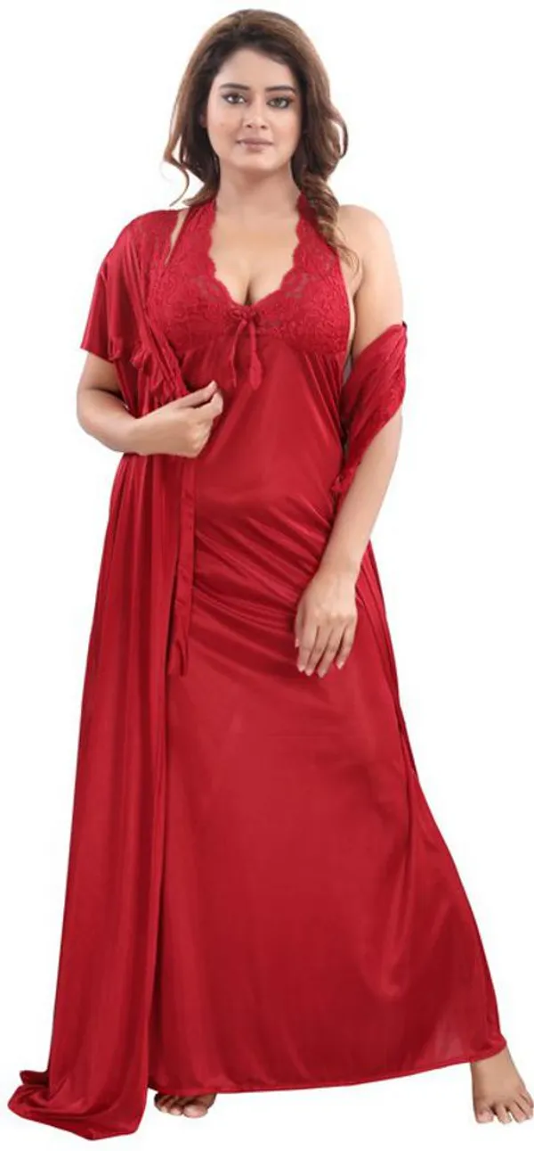 Maroon_Satin_Solid_Regular_Fit_Nighty_Set_For_Women_(4_pcs)
