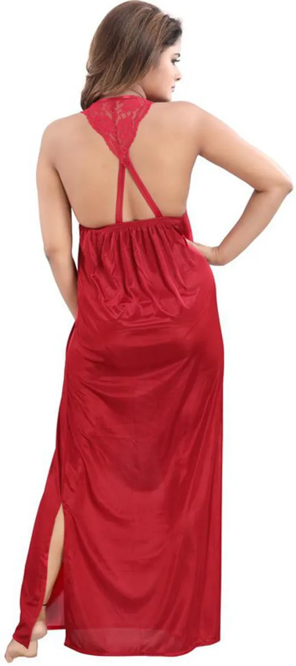 Maroon_Satin_Solid_Regular_Fit_Nighty_Set_For_Women_(4_pcs)