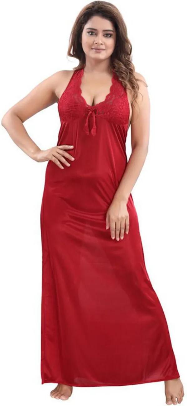 Maroon_Satin_Solid_Regular_Fit_Nighty_Set_For_Women_(4_pcs)