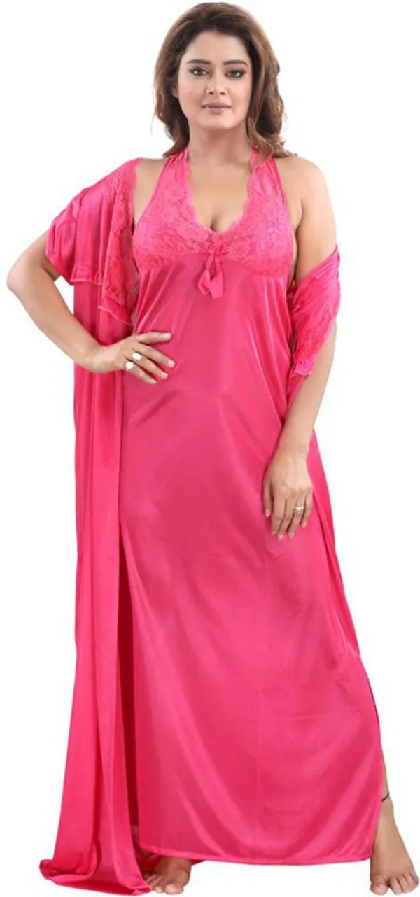 Pink_Satin_Solid_Regular_Fit_Nighty_Set_For_Women_(4_pcs)