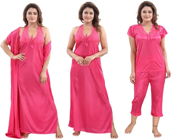 Pink_Satin_Solid_Regular_Fit_Nighty_Set_For_Women_(4_pcs)