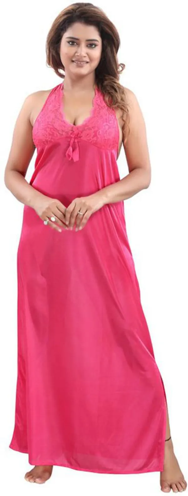 Pink_Satin_Solid_Regular_Fit_Nighty_Set_For_Women_(4_pcs)