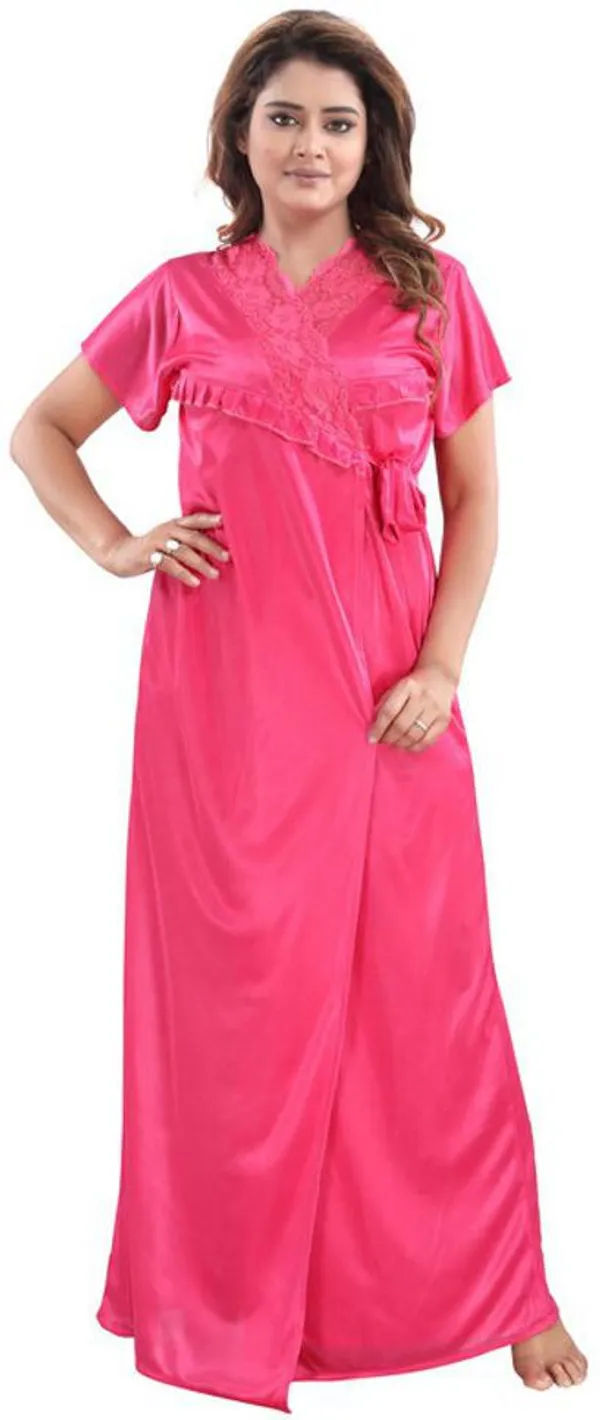 Pink_Satin_Solid_Regular_Fit_Nighty_Set_For_Women_(4_pcs)