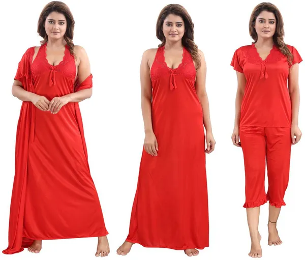 Red_Satin_Solid_Regular_Fit_Nighty_Set_For_Women_(4_pcs)