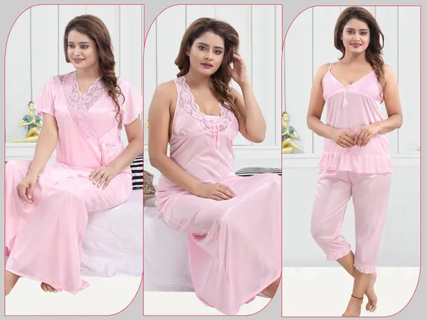 Pink_Satin_Solid_Regular_Fit_Nighty_Set_For_Women_(4_pcs)
