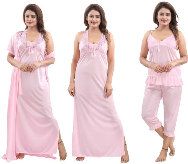 Pink_Satin_Solid_Regular_Fit_Nighty_Set_For_Women_(4_pcs)